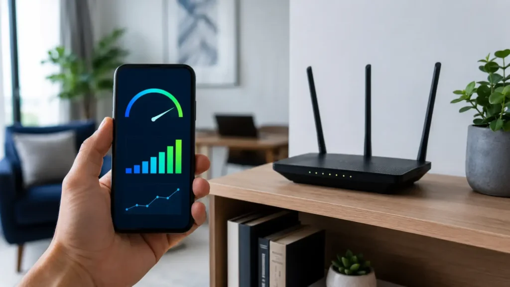 WiFi signal strength meter on a smartphone beside a home router showing signal readings for accurate wireless connection testing 1
